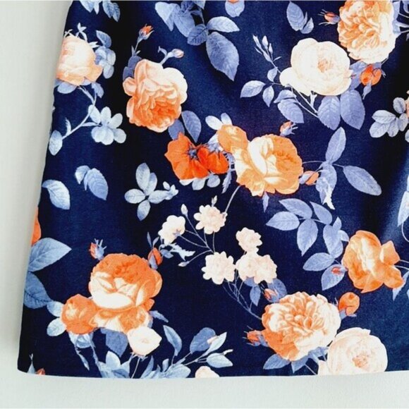 TALBOTS | Floral Cotton Blend Short Mini Skirt Navy Blue & Red Roses Sz 2 - Picture 9 of 12